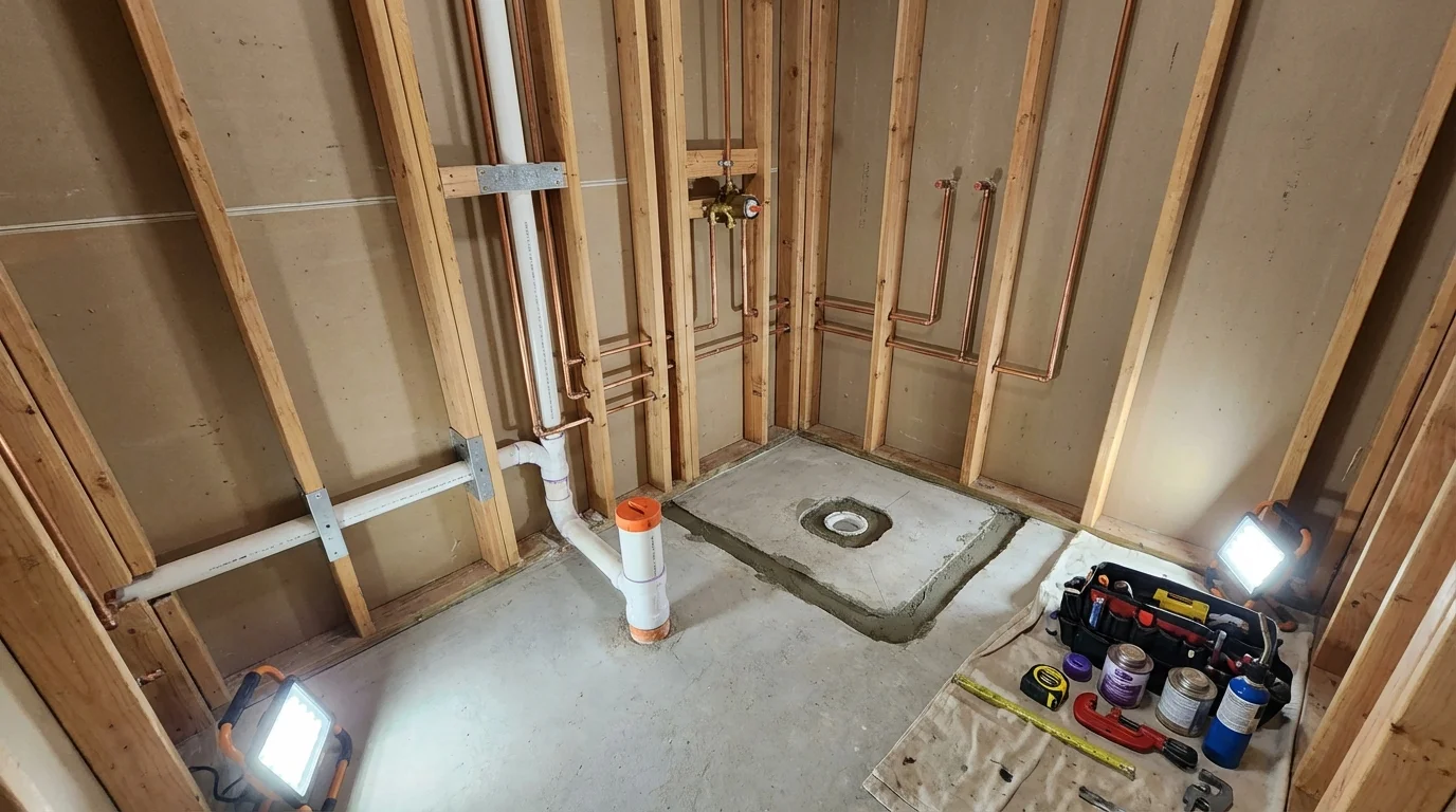 Bathroom rough-in plumbing during remodel by Johns Plumbing LLC in Lookout Mountain