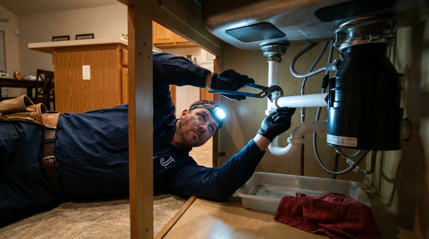 P-trap and supply line connections under a kitchen sink showing a common leak point in Lookout Mountain, TN